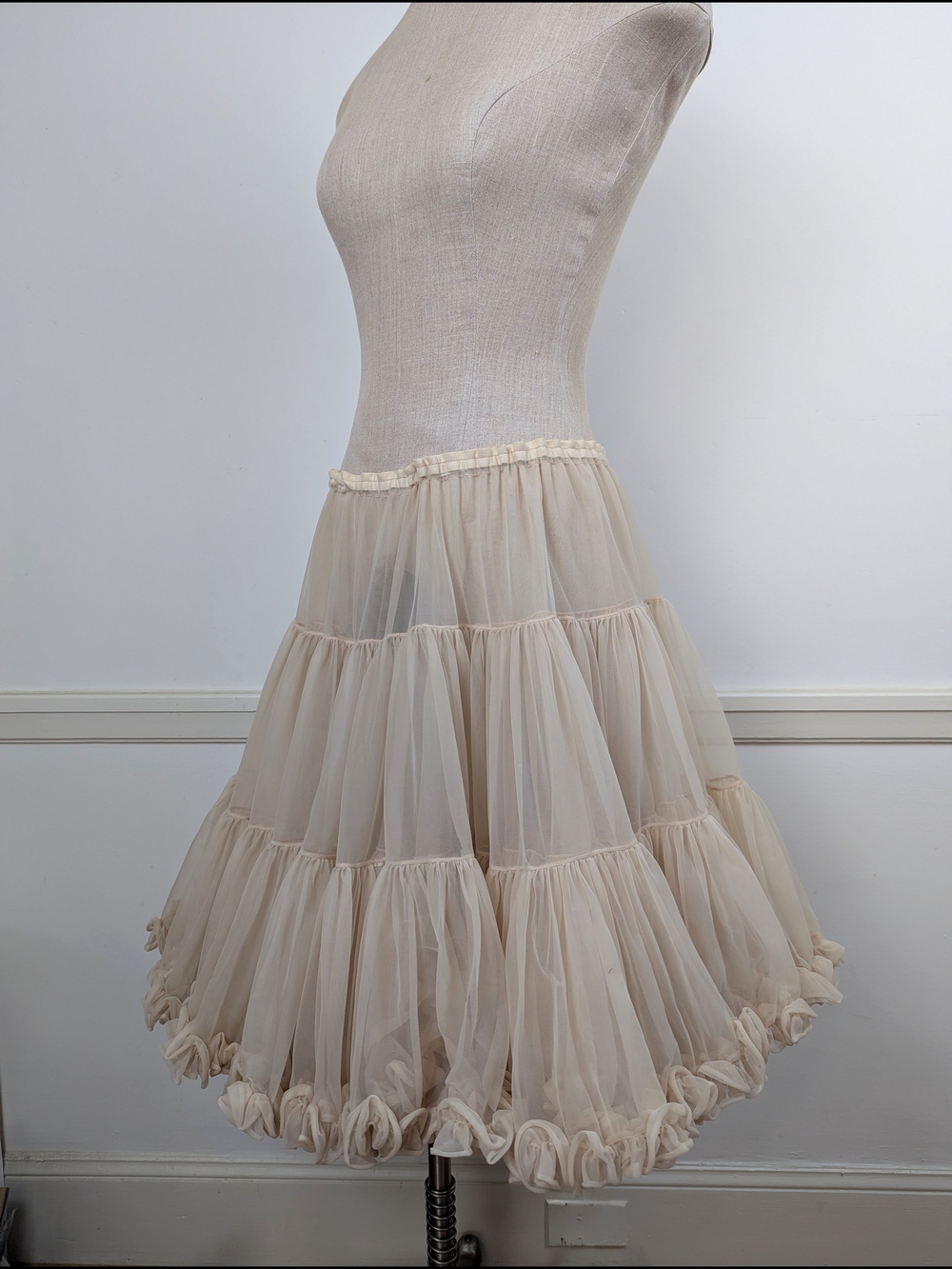 Vintage Tiered Tulle Petticoat Skirt in Soft Beige